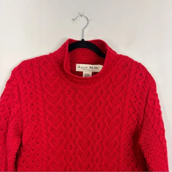 NWT Aran Mor Ireland pure merino wool ruby red high neck sweater L - Picture 5 of 17